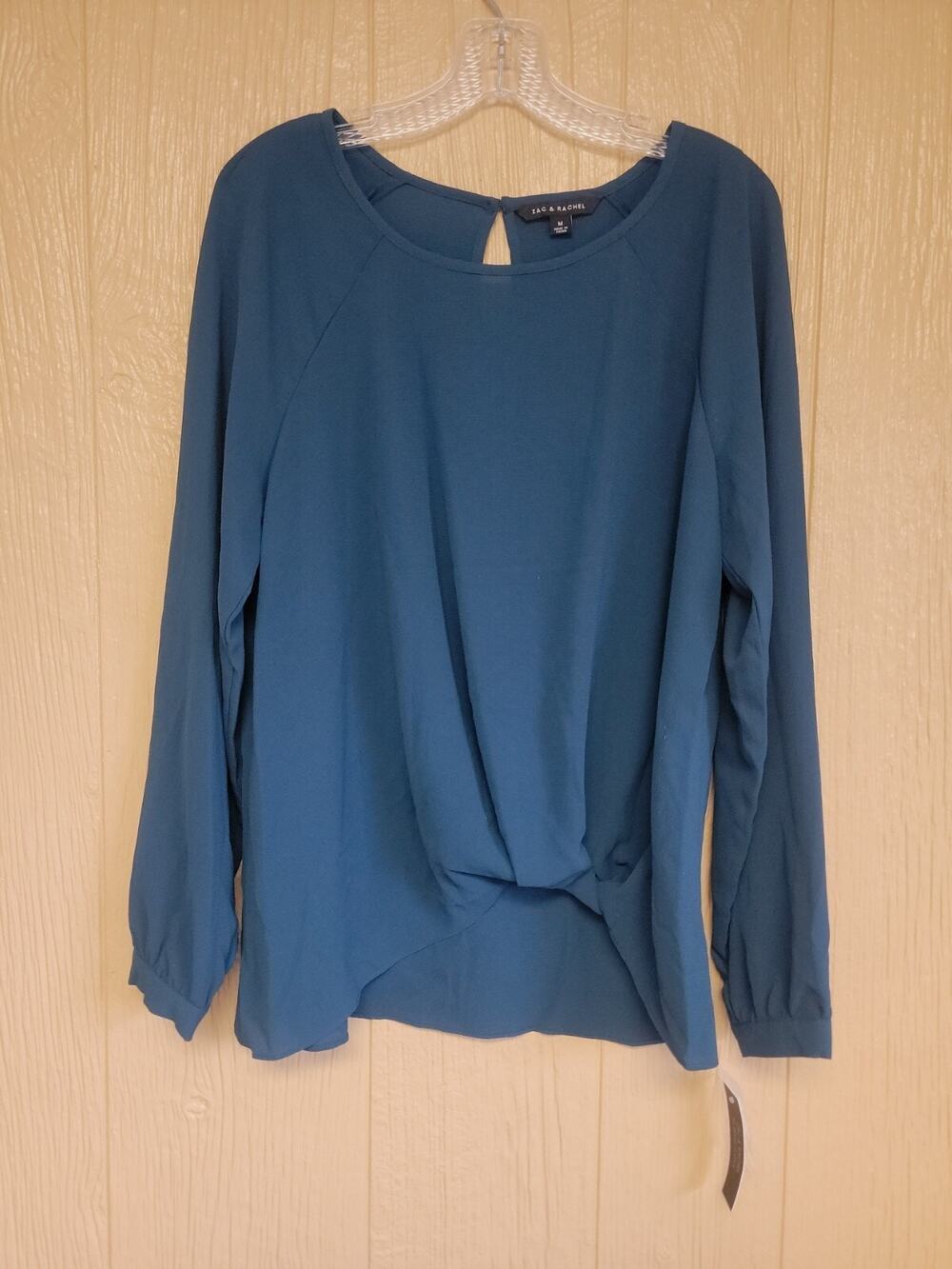 Zac & Rachel Blouse Front Knot Reflecting Pond Dark Green Sz Medium Long Sleeve